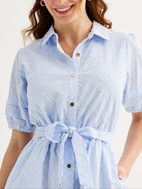DRAPER JAMES RSVP Blue White Stripe Cotton Eyelet Short Sleeve Midi Dress